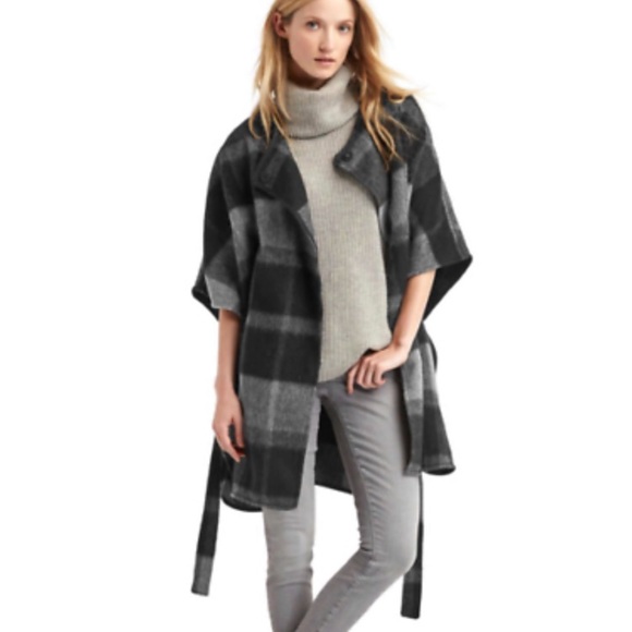 GAP Jackets & Blazers - 🎉HP🎉 Gap Grey Plaid Wool Belted Poncho Size M/L